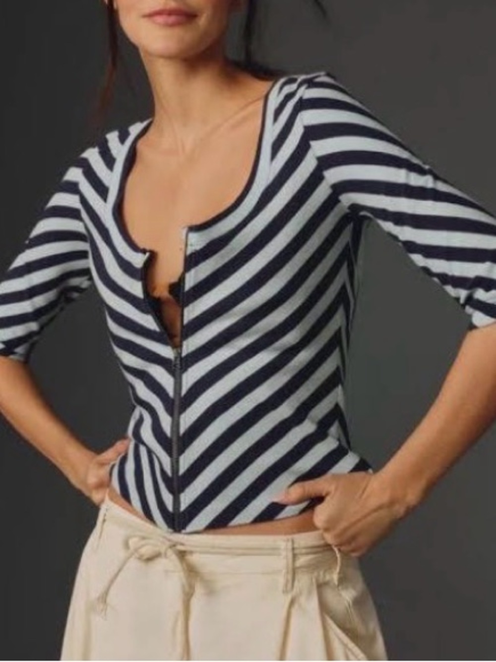 Anthropologie Navy and light blue Striped Zip-Front Long Sleeve Top